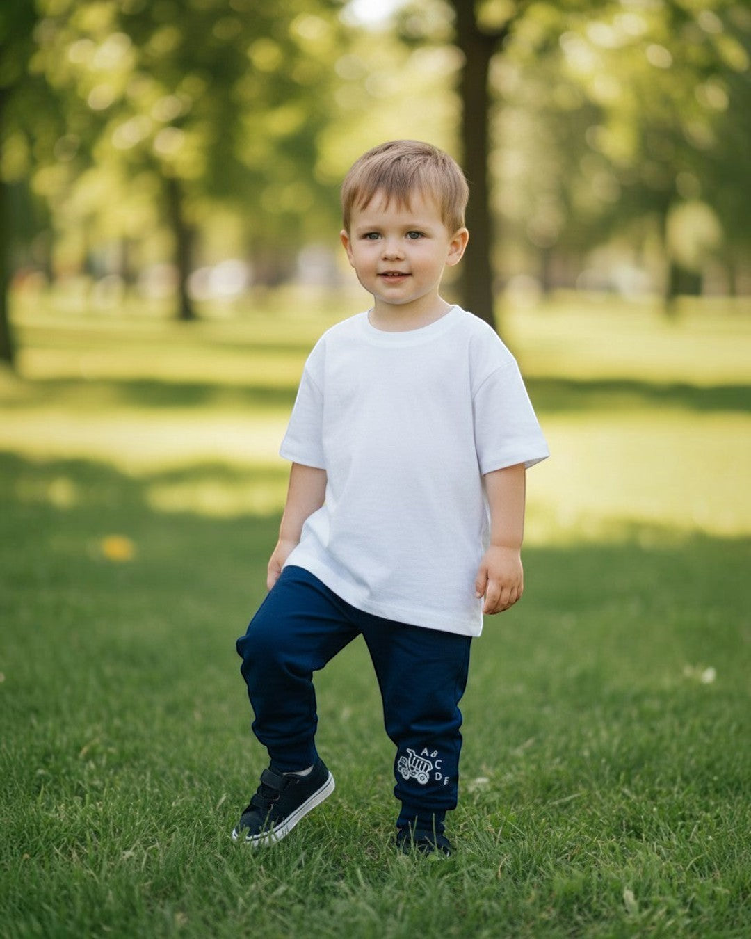Toddler boy wearing Calla Lily Cosmetics + CL kids blue cotton-blend joggers with a dump truck graphic in a park