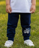 Toddler wearing Calla Lily Cosmetics + CL kids blue cotton-blend joggers with a dump truck graphic in a park.