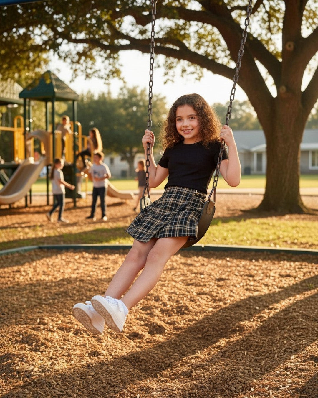Girl wearing a Calla Lily Cosmetics + CL kids brown plaid skirt with side buckle on a playground swing