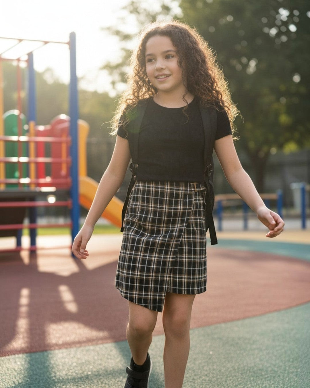 Tween girl wearing a Calla Lily Cosmetics + CL kids brown plaid skirt with side buckle at a playground.