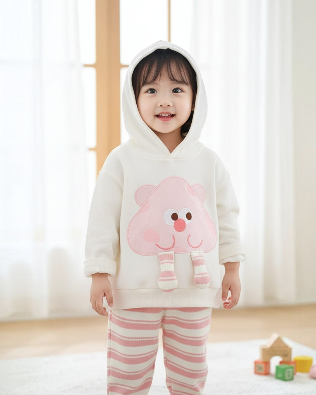Toddler wearing a Calla Lily Cosmetics + CL kids cream hoodie with a pink cartoon and matching pink striped joggers.