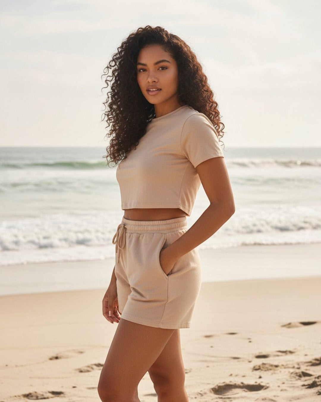 Model wearing Calla Lily Cosmetics + CL kids cream two-piece set with fitted crop tee and drawstring shorts on beach.