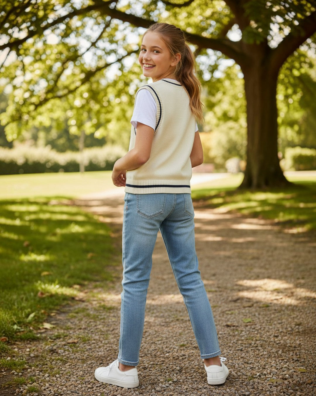 Girl wearing a cream Calla Lily Cosmetics + CL kids sweater vest with navy trim over a white tee and blue jeans.