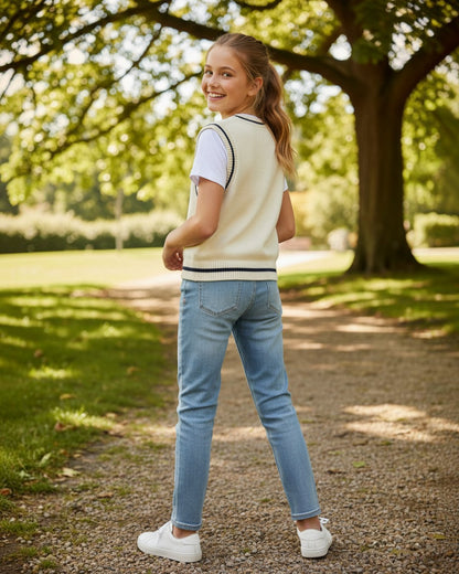 Girl wearing a cream Calla Lily Cosmetics + CL kids sweater vest with navy trim over a white tee and blue jeans.