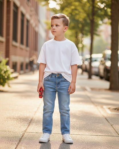 Young boy wearing Elevani basic fit blue cotton-blend jeans and a white t-shirt, standing on a city sidewalk.