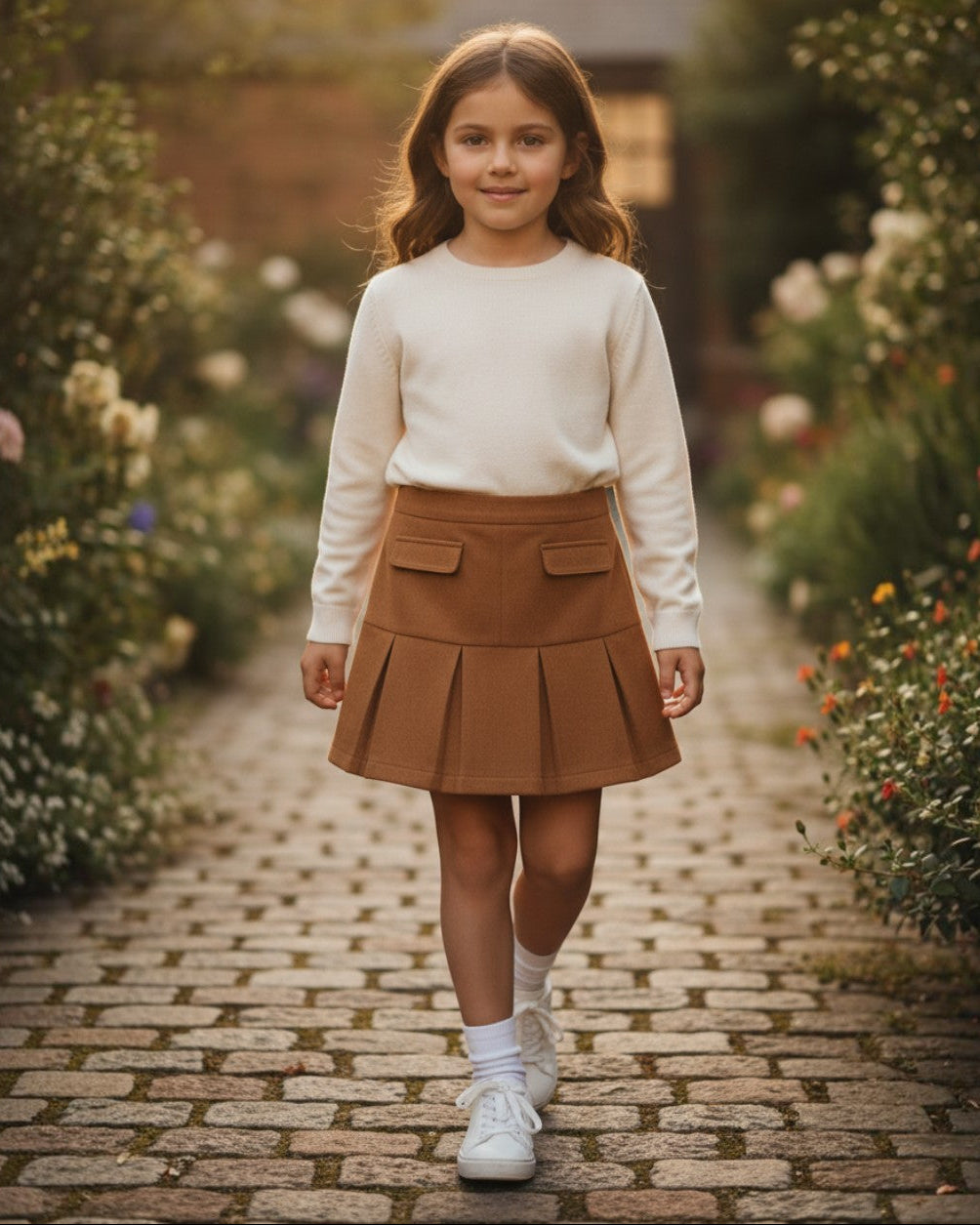 Young girl wearing a Calla Lily Cosmetics + CL kids brown faux suede pleated skirt with front pockets in a garden.