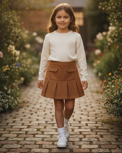 Young girl wearing a Calla Lily Cosmetics + CL kids brown faux suede pleated skirt with front pockets in a garden.