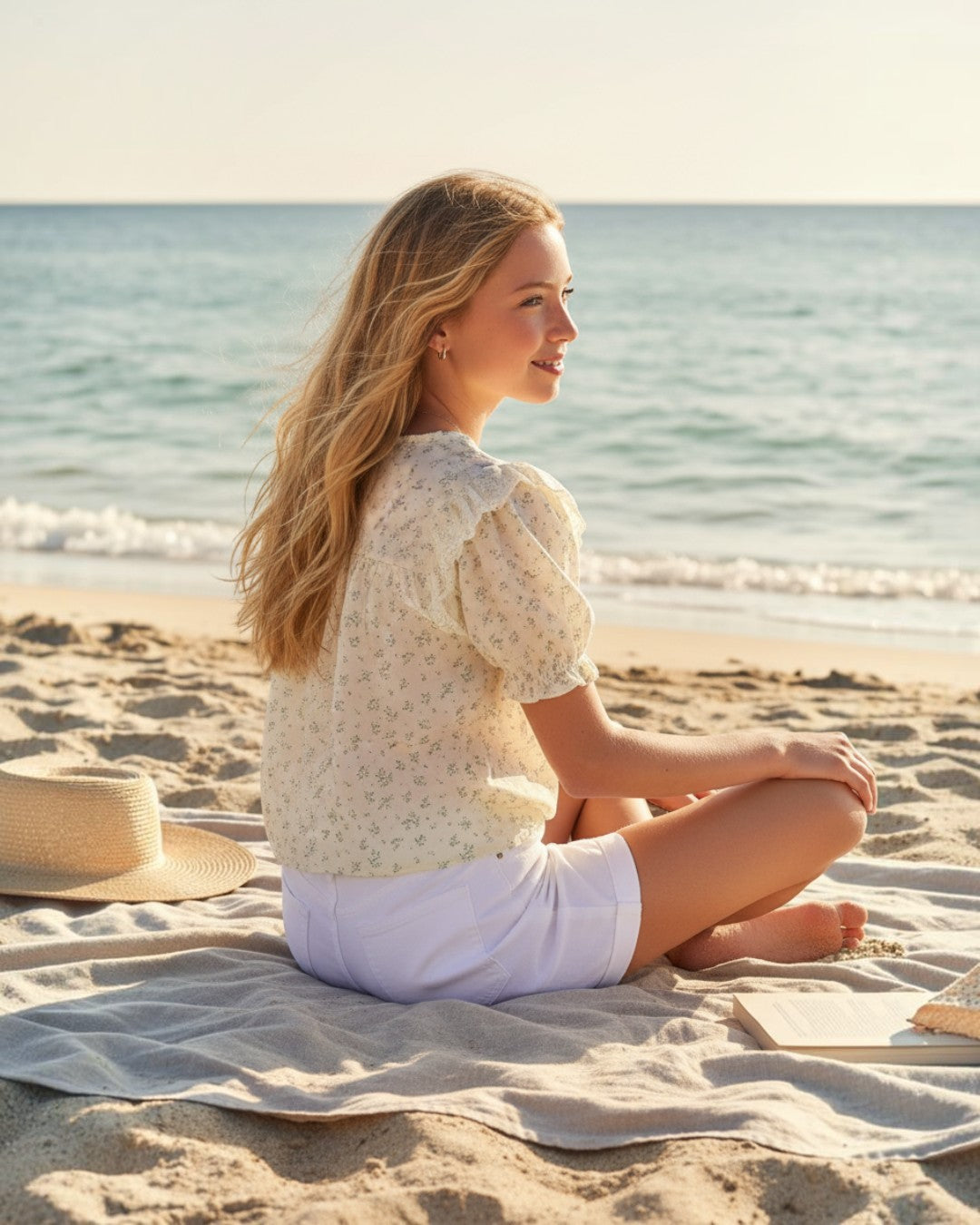 Girl wearing a Calla Lily Cosmetics + CL kids floral flowy top with ruffle sleeves while sitting on a beach blanket.