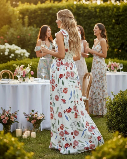 Calla Lily Cosmetics + CL kids white floral maxi dress with V-neck and ruffled sleeves at an outdoor garden party.