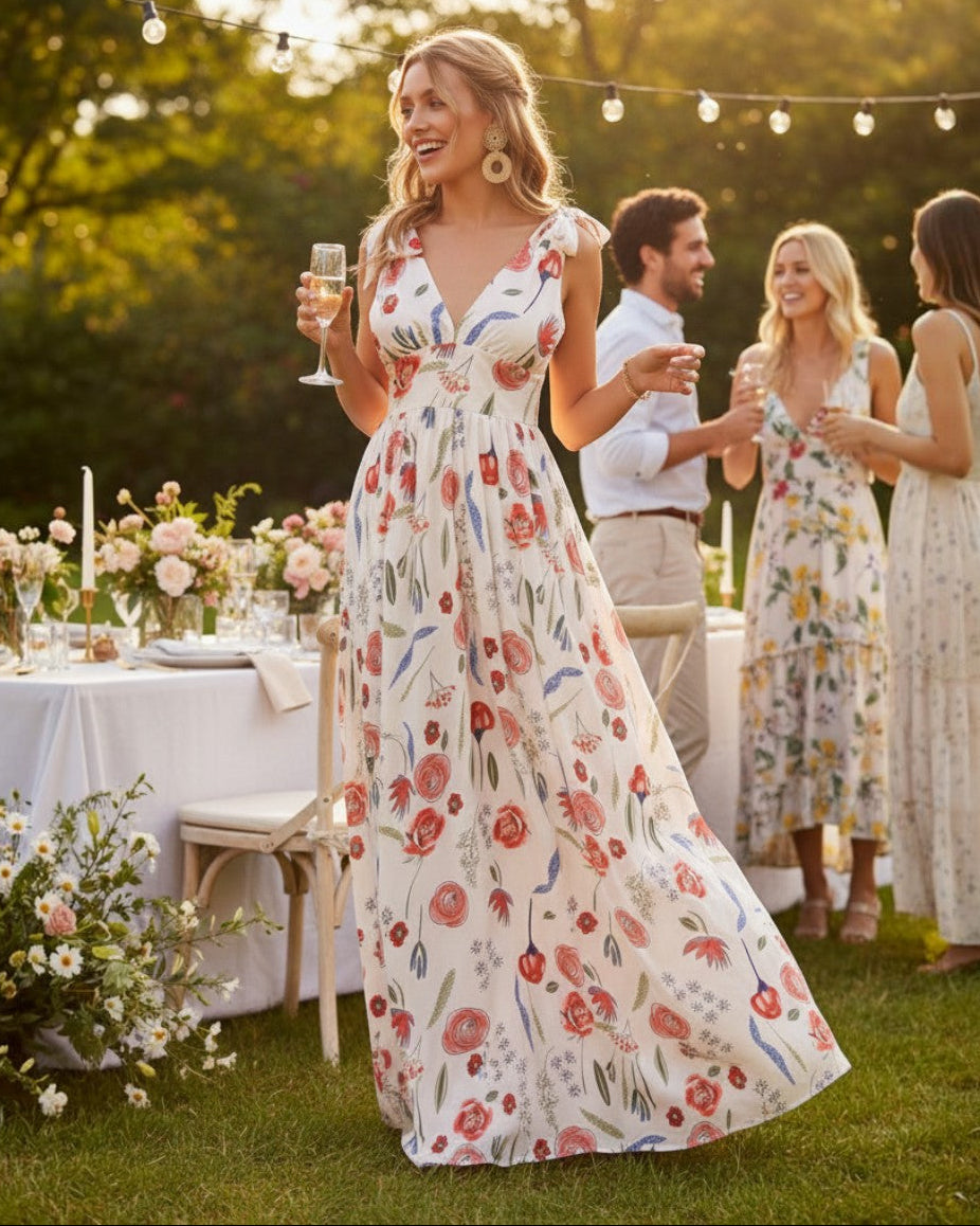 Woman wearing a Calla Lily Cosmetics + CL kids white floral polyester maxi dress with V-neck at a garden party.