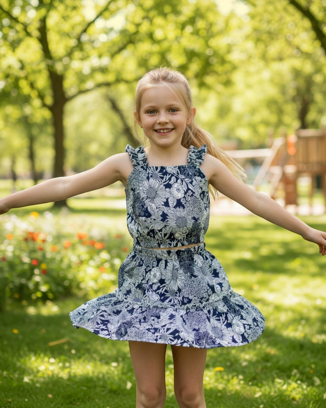 Young girl wearing a Calla Lily Cosmetics + CL kids navy floral 2-piece skirt set with wavy straps in a sunny park.