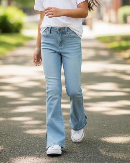 Girl wearing Calla Lily Cosmetics + CL kids light wash flare jeans with side slits and a white t-shirt outdoors.
