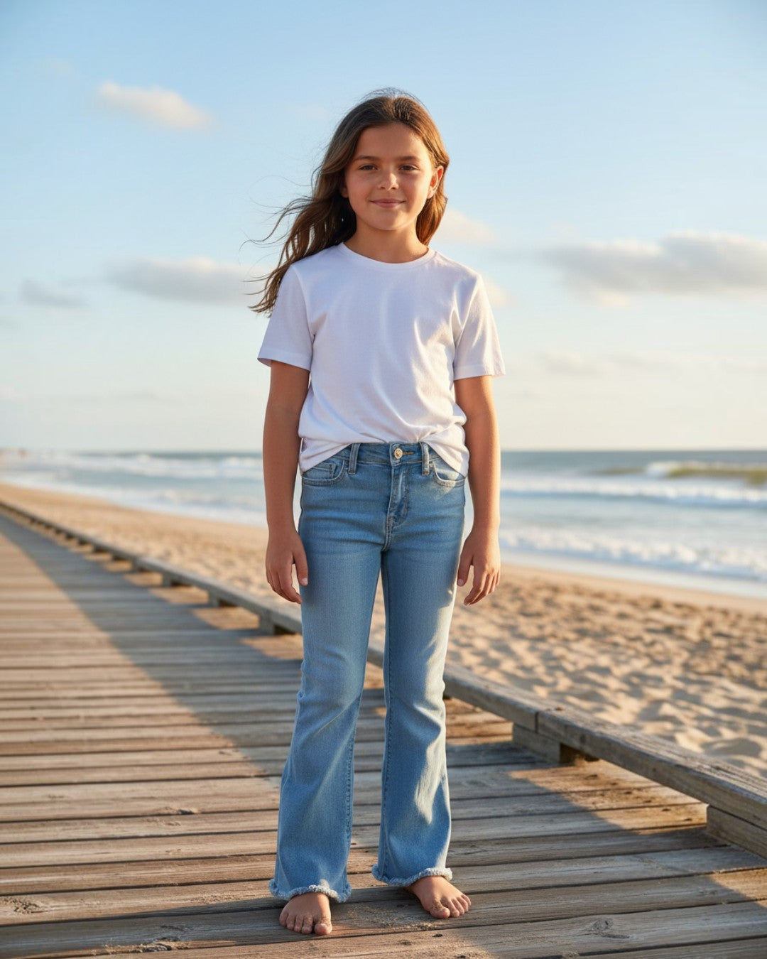 Girl wearing Calla Lily Cosmetics + CL kids light wash stretchy denim flare jeans with a frayed hem on a beach boardwalk