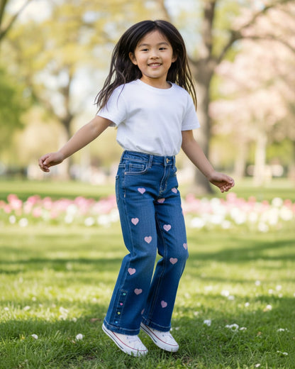 Young girl wearing Calla Lily Cosmetics + CL kids blue denim jeans with pink heart print in a sunny park