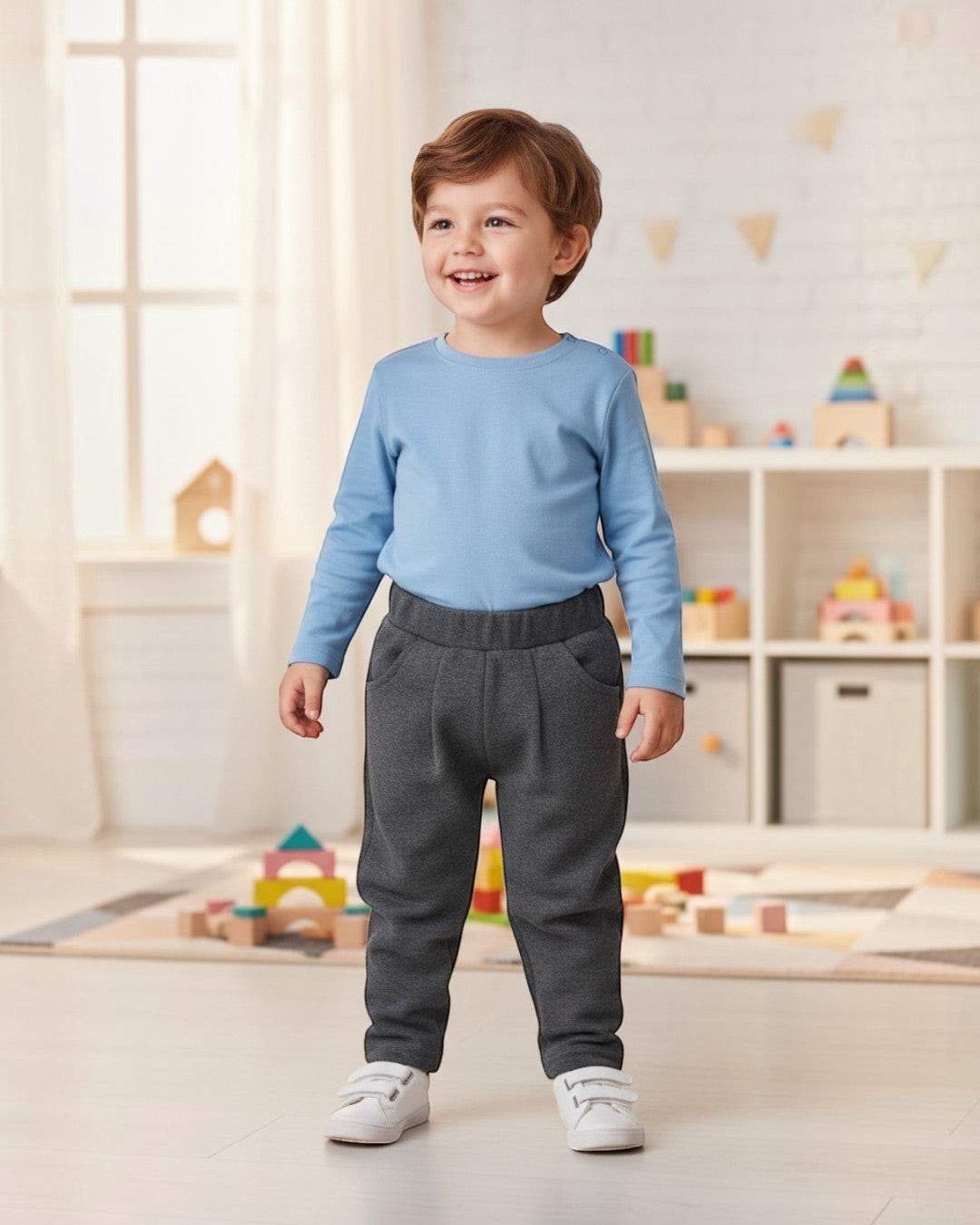 A smiling toddler wearing Calla Lily Cosmetics + CL kids gray jersey joggers with front pockets in a playroom.