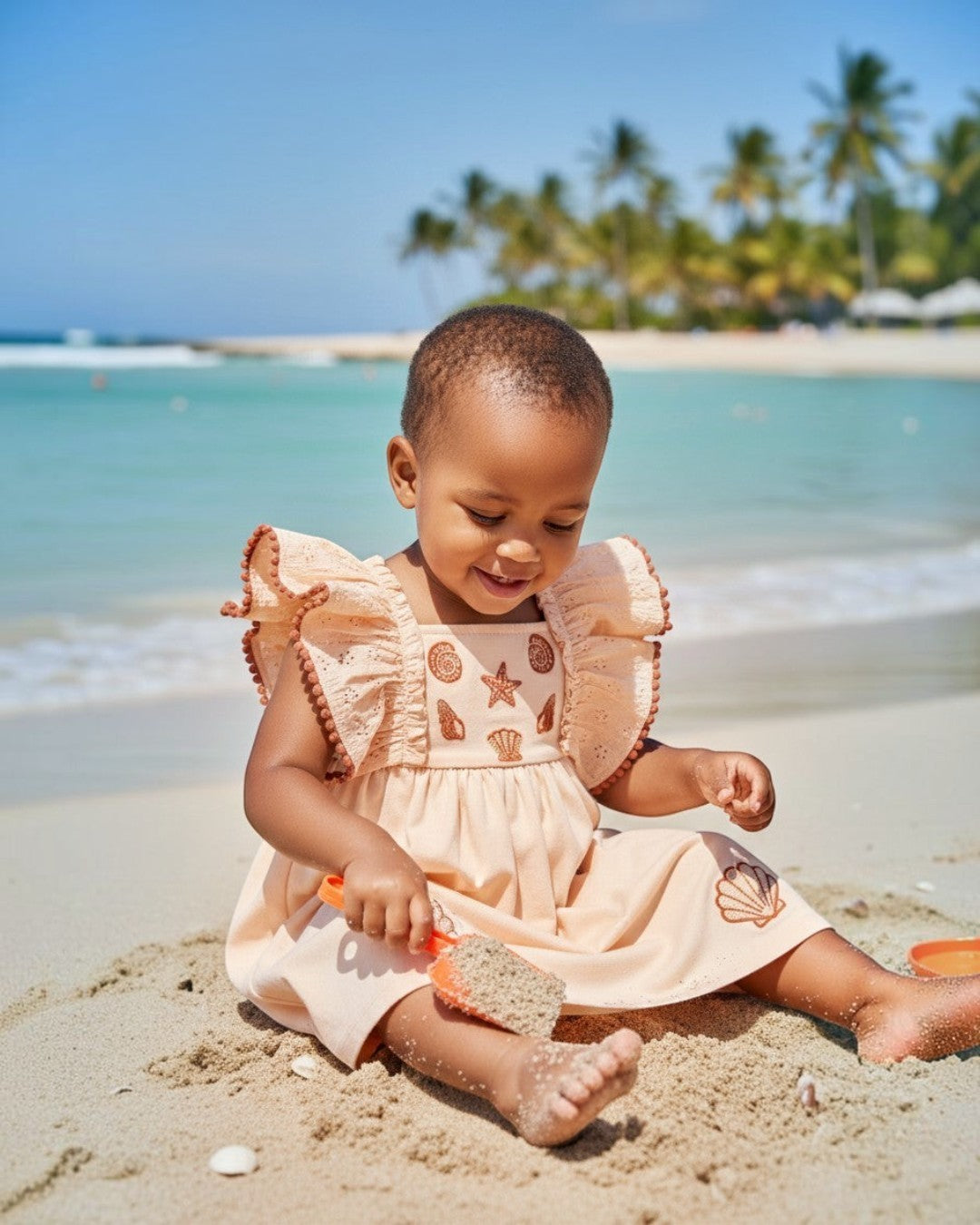 Baby girl wearing a Calla Lily Cosmetics + CL kids HoneyDrift dress with seashell embroidery on a sunny beach.