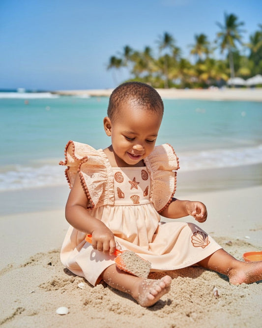 Baby girl wearing a Calla Lily Cosmetics + CL kids HoneyDrift dress with seashell embroidery on a sunny beach.