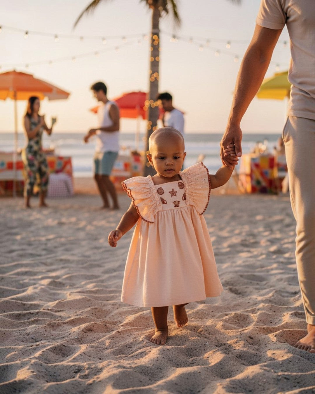 Baby girl wearing a peach HoneyDrift dress by Calla Lily Cosmetics + CL kids with seashell embroidery on a beach