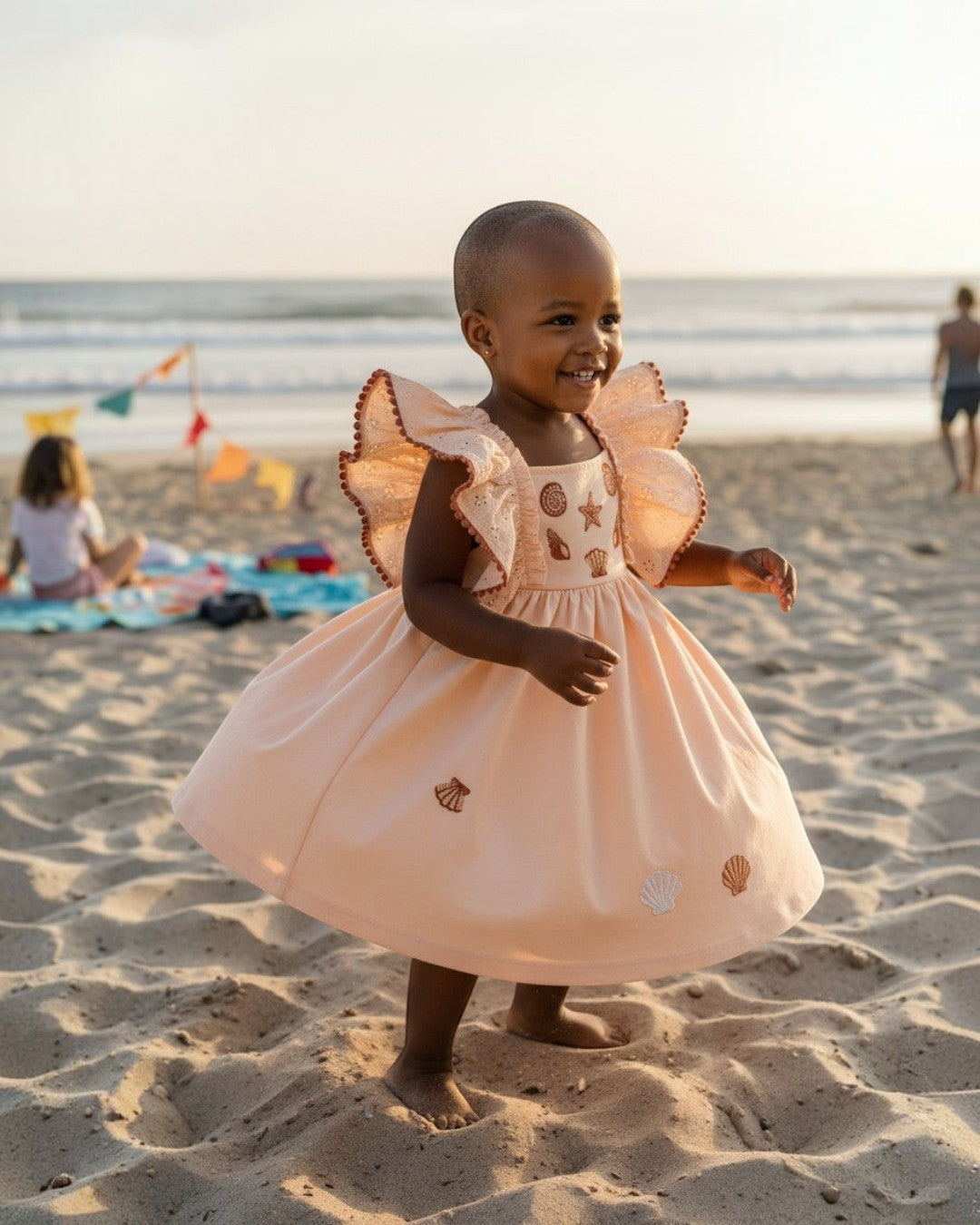 Baby girl wearing a Calla Lily Cosmetics + CL kids HoneyDrift dress with seashell embroidery on a sunny beach.