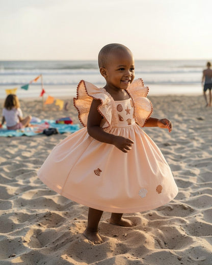 Baby girl wearing a Calla Lily Cosmetics + CL kids HoneyDrift dress with seashell embroidery on a sunny beach.