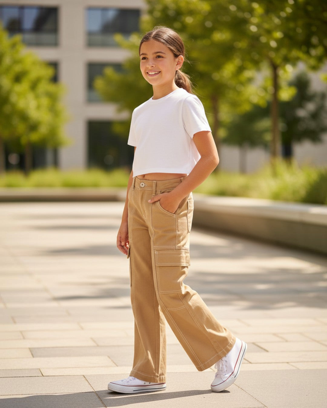 Girl wearing Calla Lily Cosmetics + CL kids Bonnie Bianca khaki cargo jeans with white stitching and side pockets
