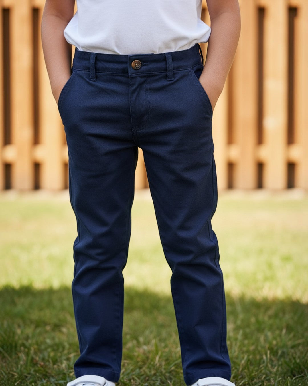 Child wearing Calla Lily Cosmetics + CL kids navy cotton-spandex pants with button fly and pockets outdoors.
