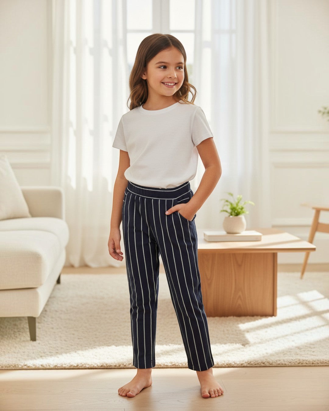 Girl wearing Calla Lily Cosmetics + CL kids navy pinstripe jersey pants with a white t-shirt in a bright living room.