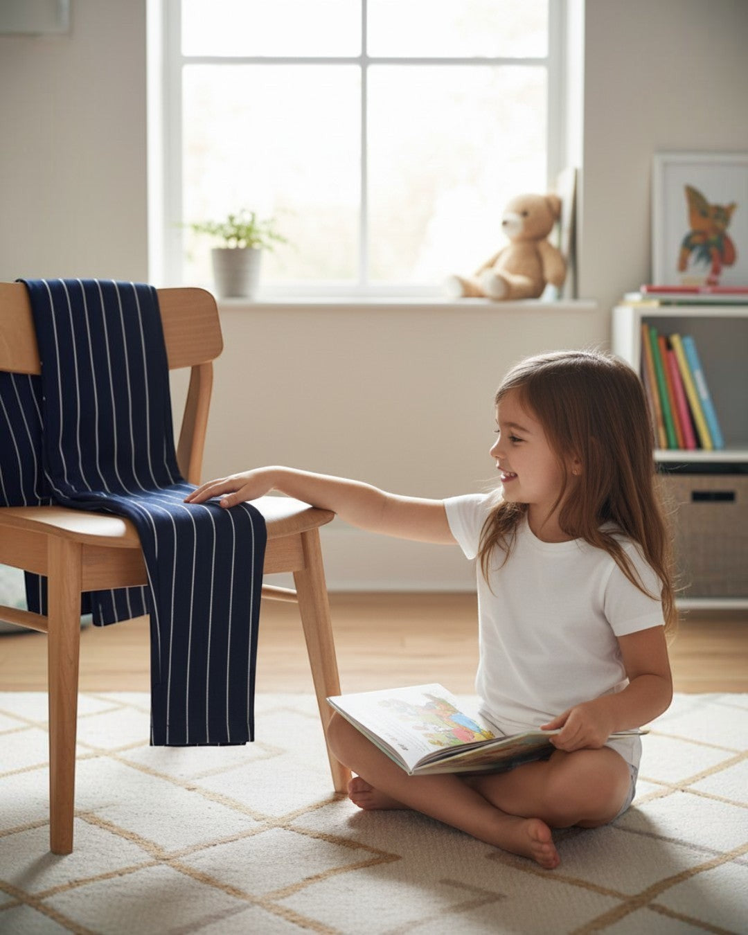 Calla Lily Cosmetics + CL kids navy pinstripe jersey pants draped on a chair next to a girl reading a book