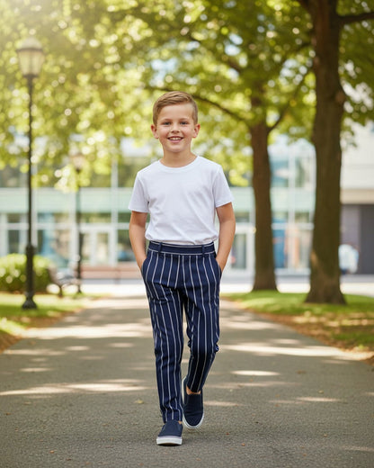 A young boy wearing Calla Lily Cosmetics + CL kids navy pinstripe jersey pants and a white t-shirt in a park.