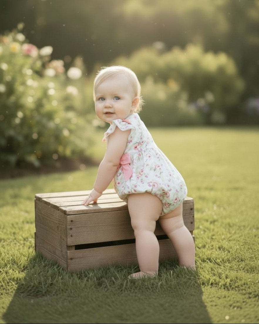 Baby wearing a Calla Lily Cosmetics + CL kids pastel floral cotton bubble romper while standing by a wooden crate.