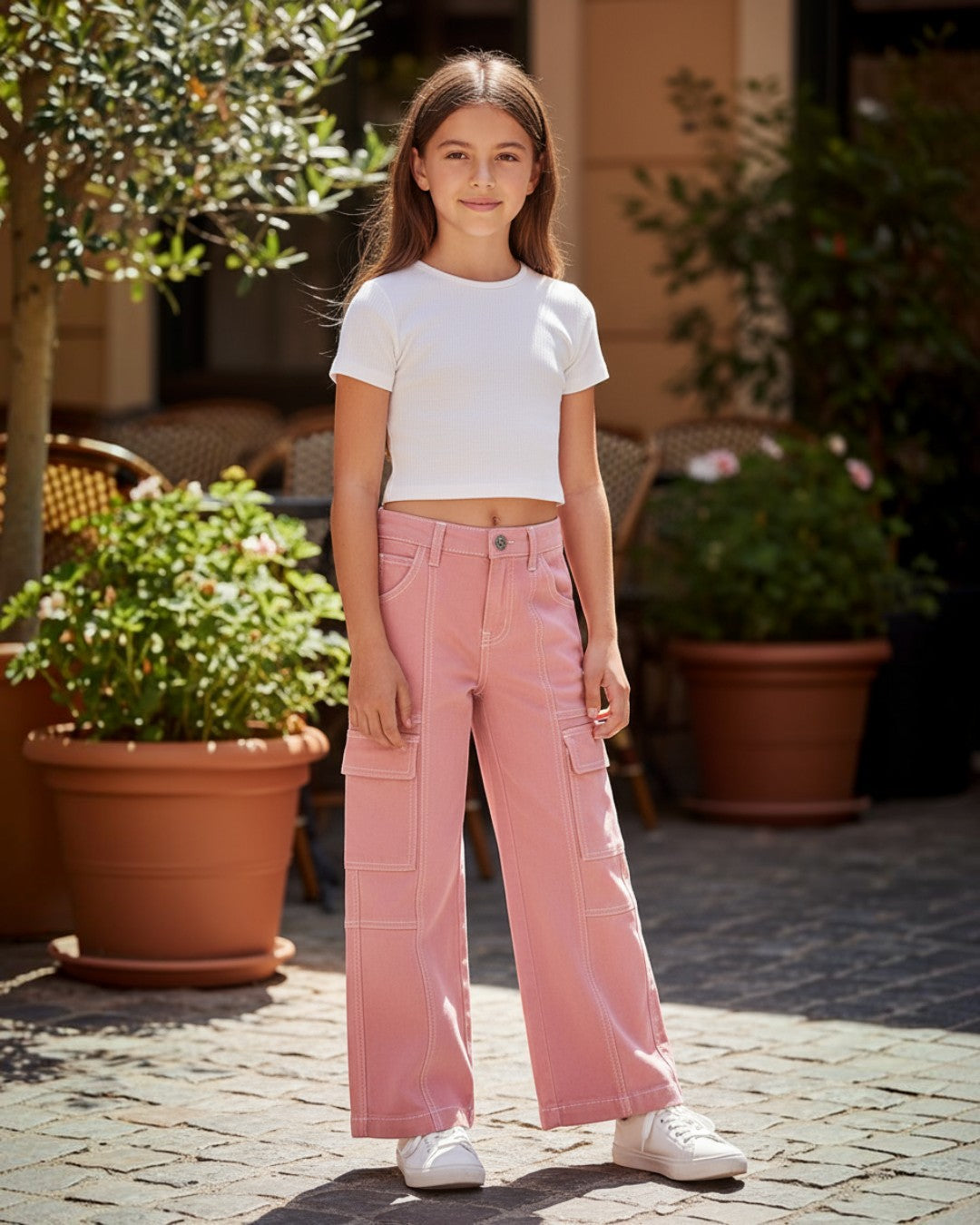 Young girl wearing Calla Lily Cosmetics + CL kids Bonnie Bianca pink cargo jeans with white stitching and pockets.