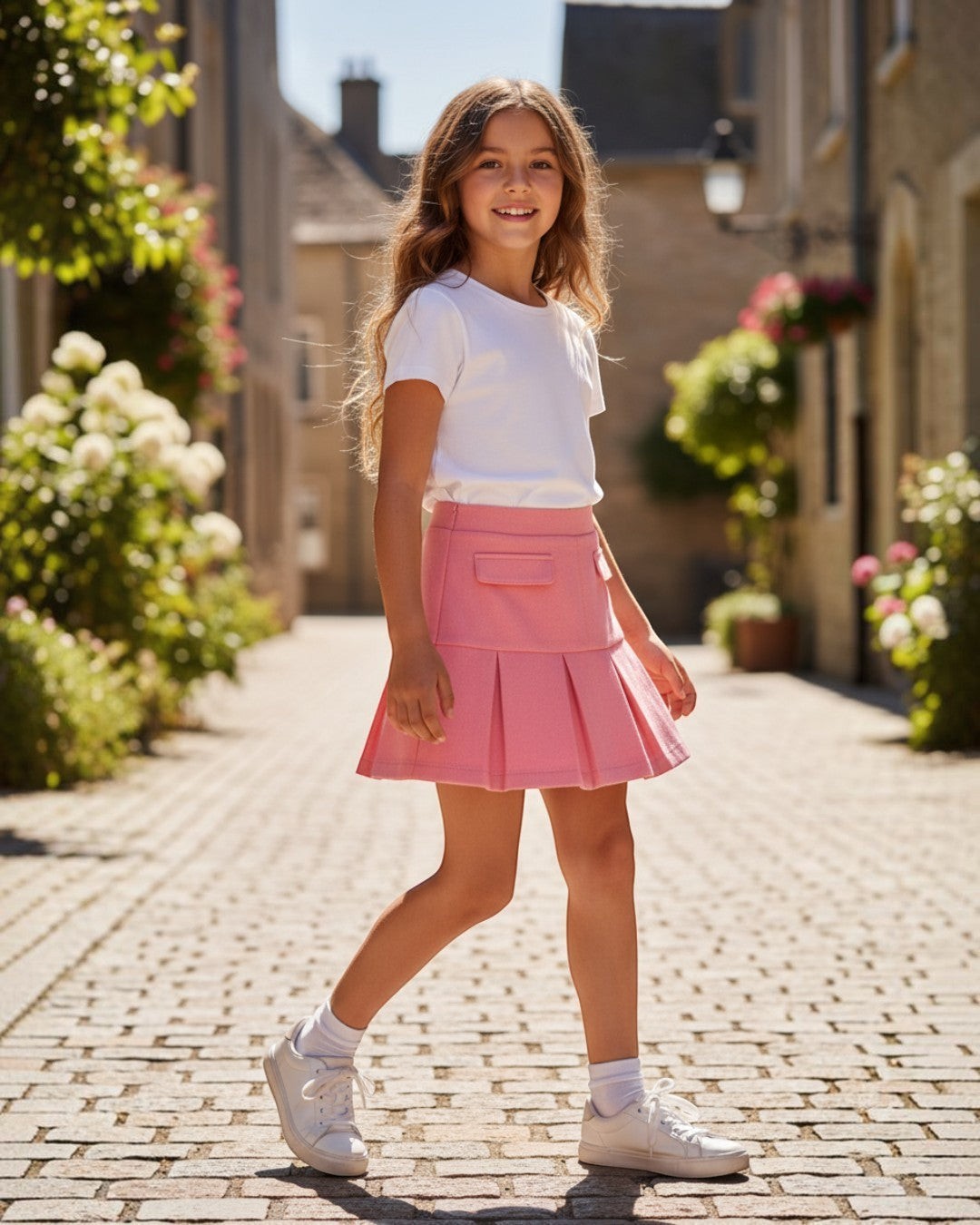 Girl wearing a pink faux suede pleated skirt by Calla Lily Cosmetics + CL kids on a sunny cobblestone street.