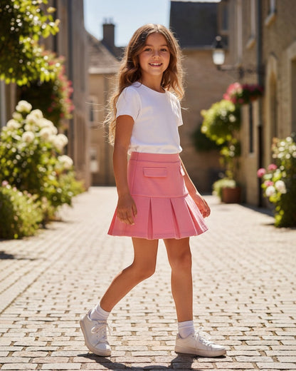 Girl wearing a pink faux suede pleated skirt by Calla Lily Cosmetics + CL kids on a sunny cobblestone street.