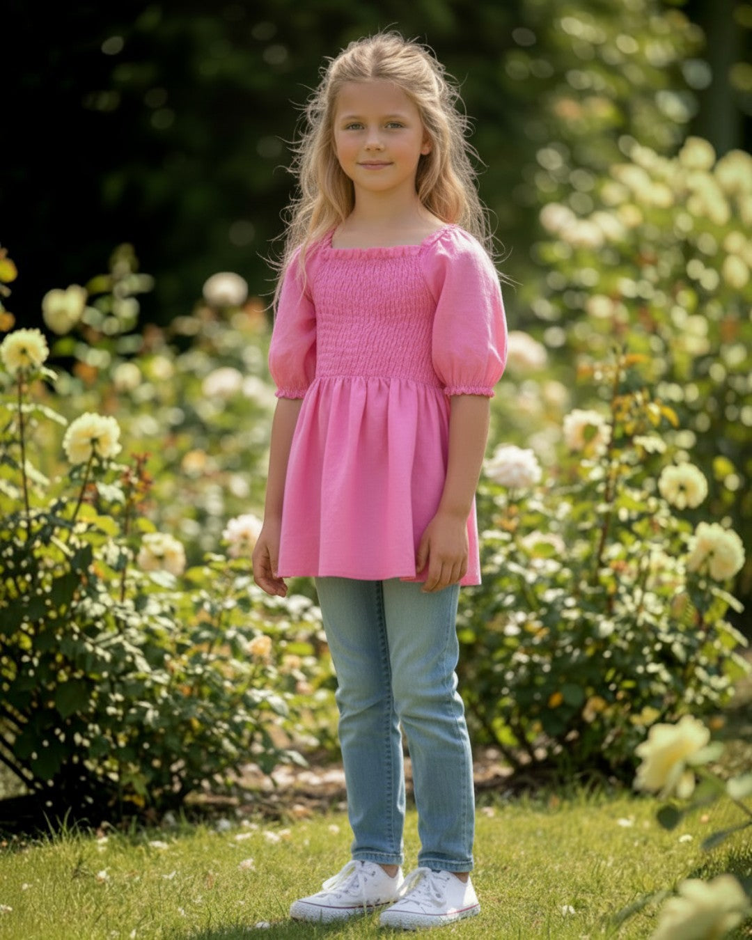 Girl wearing a pink puff sleeve top by Calla Lily Cosmetics + CL kids in a garden with light blue jeans and sneakers.