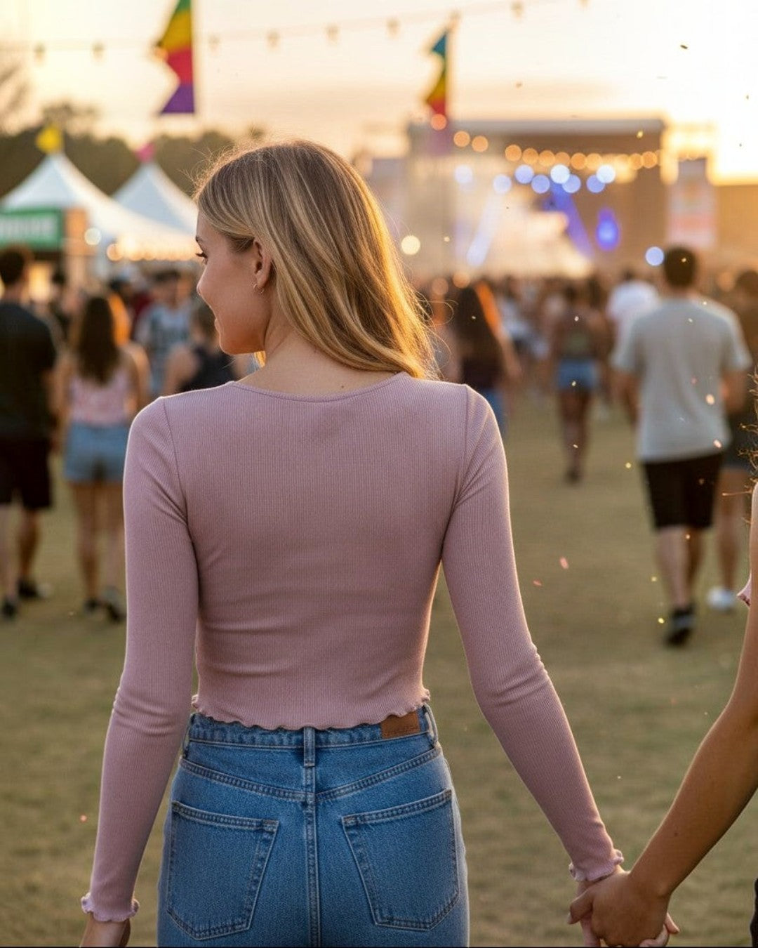 Woman wearing a Calla Lily Cosmetics + CL kids pink ribbed long sleeve top at an outdoor music festival at sunset.