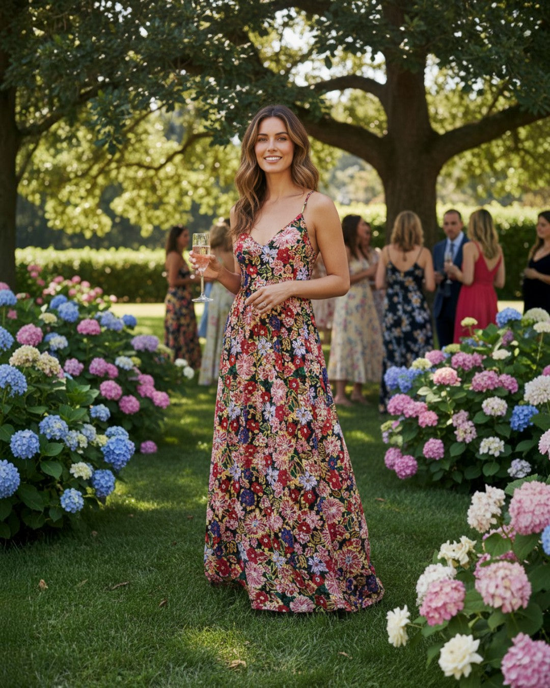 Woman wearing a Calla Lily Cosmetics + CL kids red floral maxi dress with spaghetti straps in a garden party setting.
