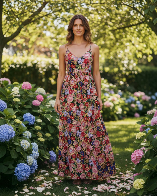 Model wearing a Calla Lily Cosmetics + CL kids red floral maxi dress with an open lace back in a garden setting.