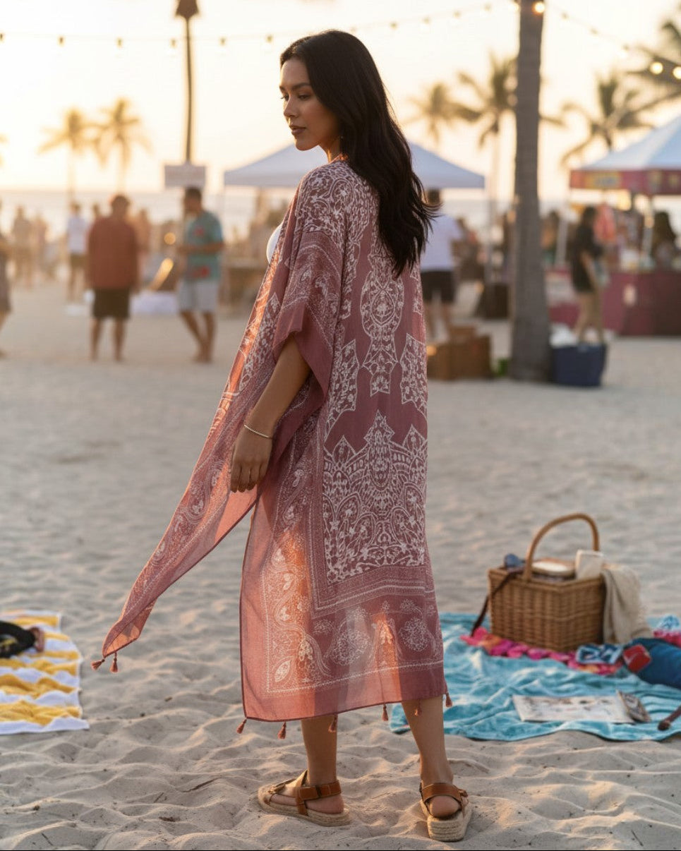 Model wearing a roseclay mandala print viscose kimono cardigan with tassel hem at a beach festival by Calla Lily Cosmetics + CL kids