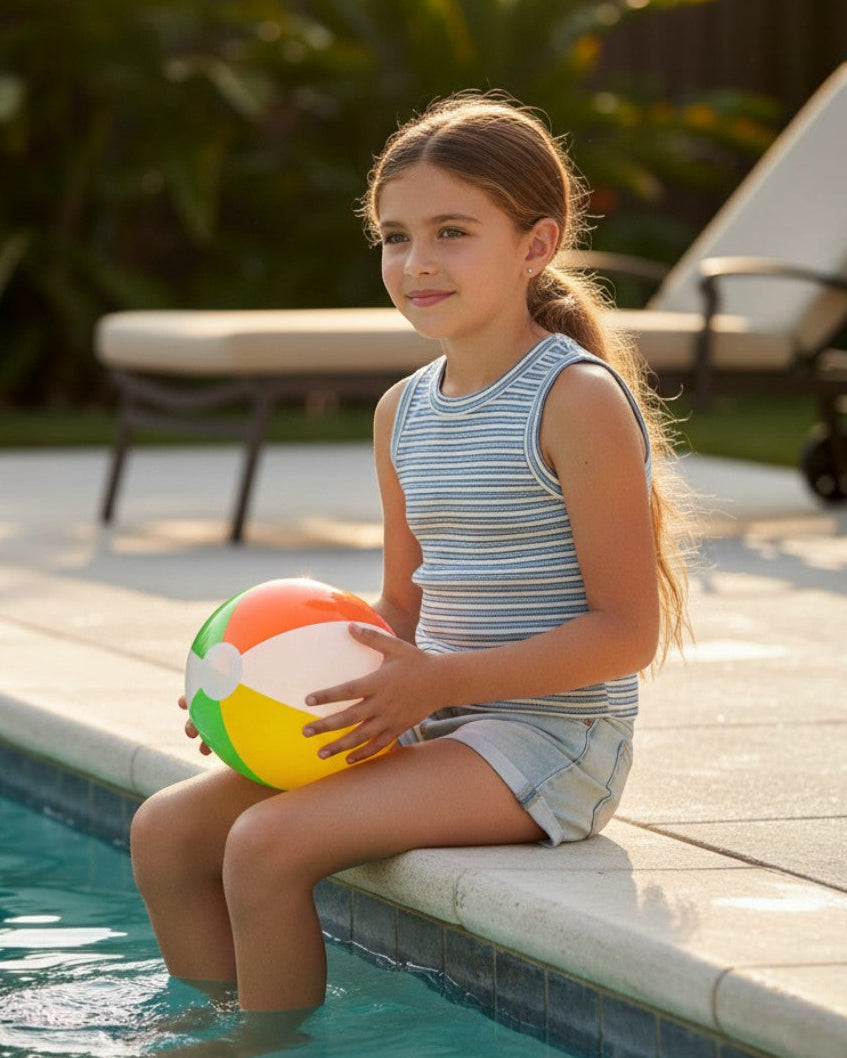 Girl wearing a Calla Lily Cosmetics + CL kids striped rib knit crew neck tank top by a swimming pool with a beach ball
