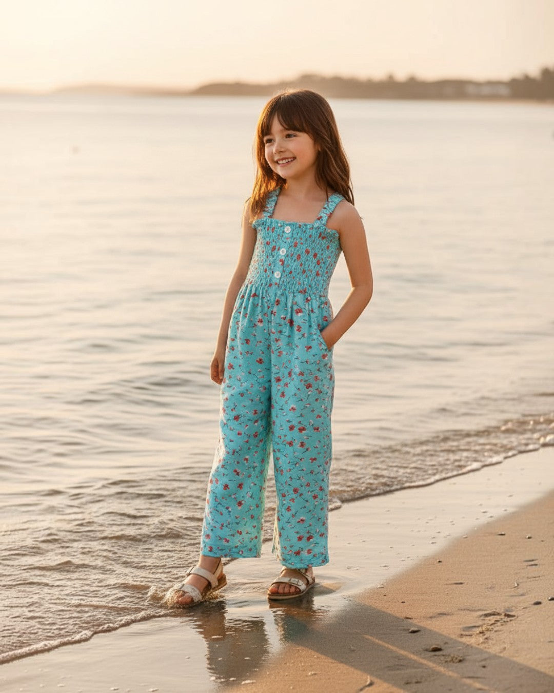 Girl wearing a Calla Lily Cosmetics + CL kids teal floral rayon romper with a smocked bodice and pockets at the beach.