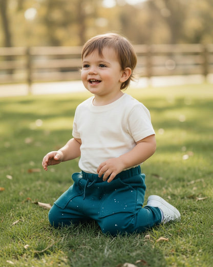 Toddler wearing Calla Lily Cosmetics + CL kids teal cotton joggers with white specs, kneeling on grass.