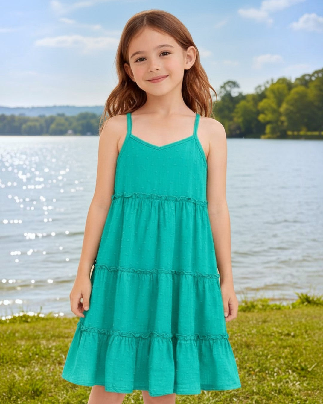 Young girl wearing a Calla Lily Cosmetics + CL kids teal tiered maxi dress with textured fabric by a lake.