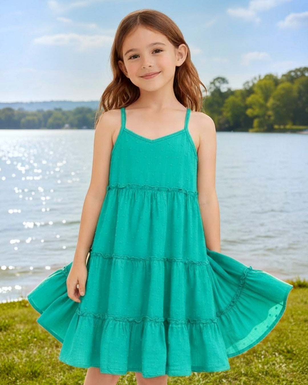 Young girl wearing a Calla Lily Cosmetics + CL kids teal tiered maxi dress with spaghetti straps by a lake.