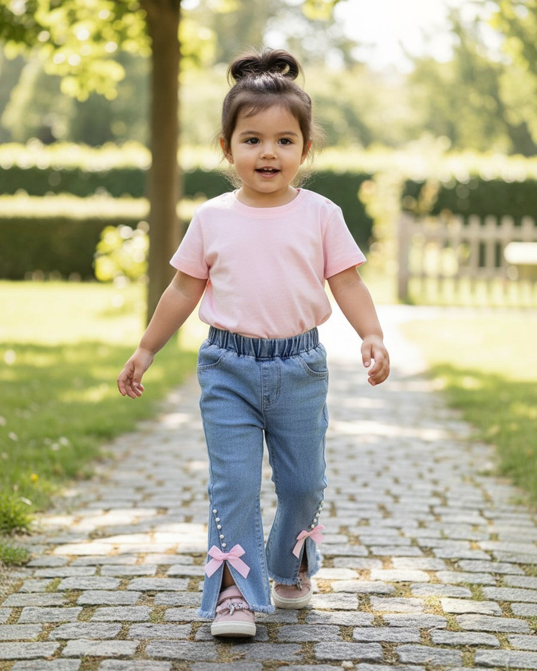 Toddler wearing Calla Lily Cosmetics + CL kids blue jeans with raw hem, pearl accents, and pink bows on a path.