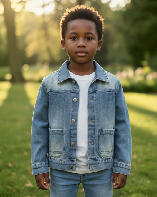 Toddler wearing a Calla Lily Cosmetics + CL kids light blue acid wash denim jacket with front pockets in a park.