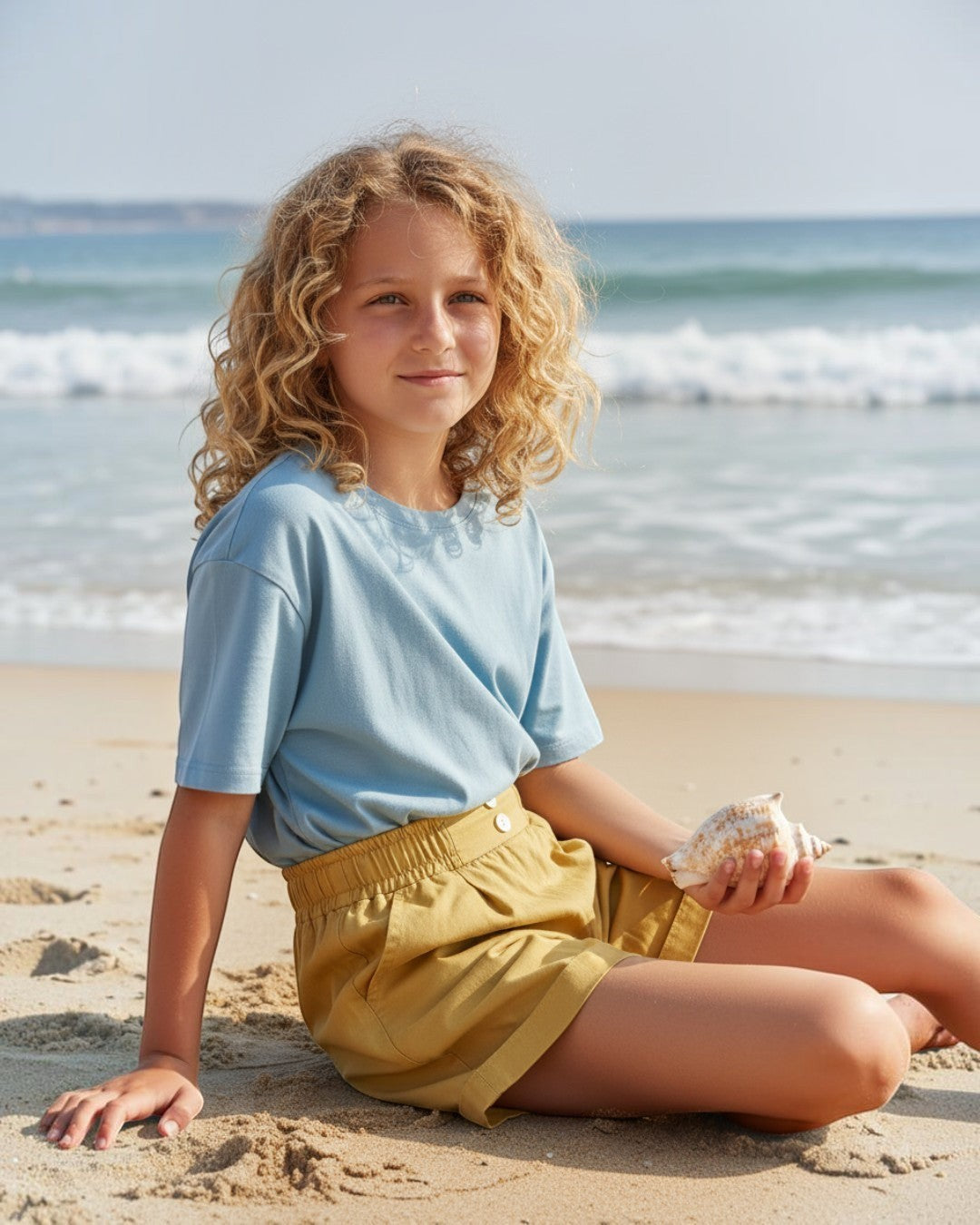Tween girl wearing Calla Lily Cosmetics + CL kids mustard cotton shorts with ruffled waistband on a sunny beach.
