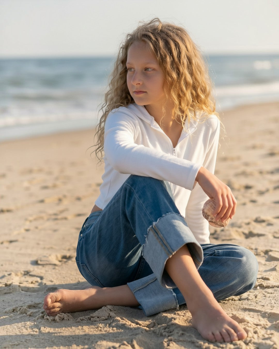 Girl wearing a white French Terry Crop Zip Up Hoodie by Calla Lily Cosmetics + CL kids, sitting on a sandy beach.