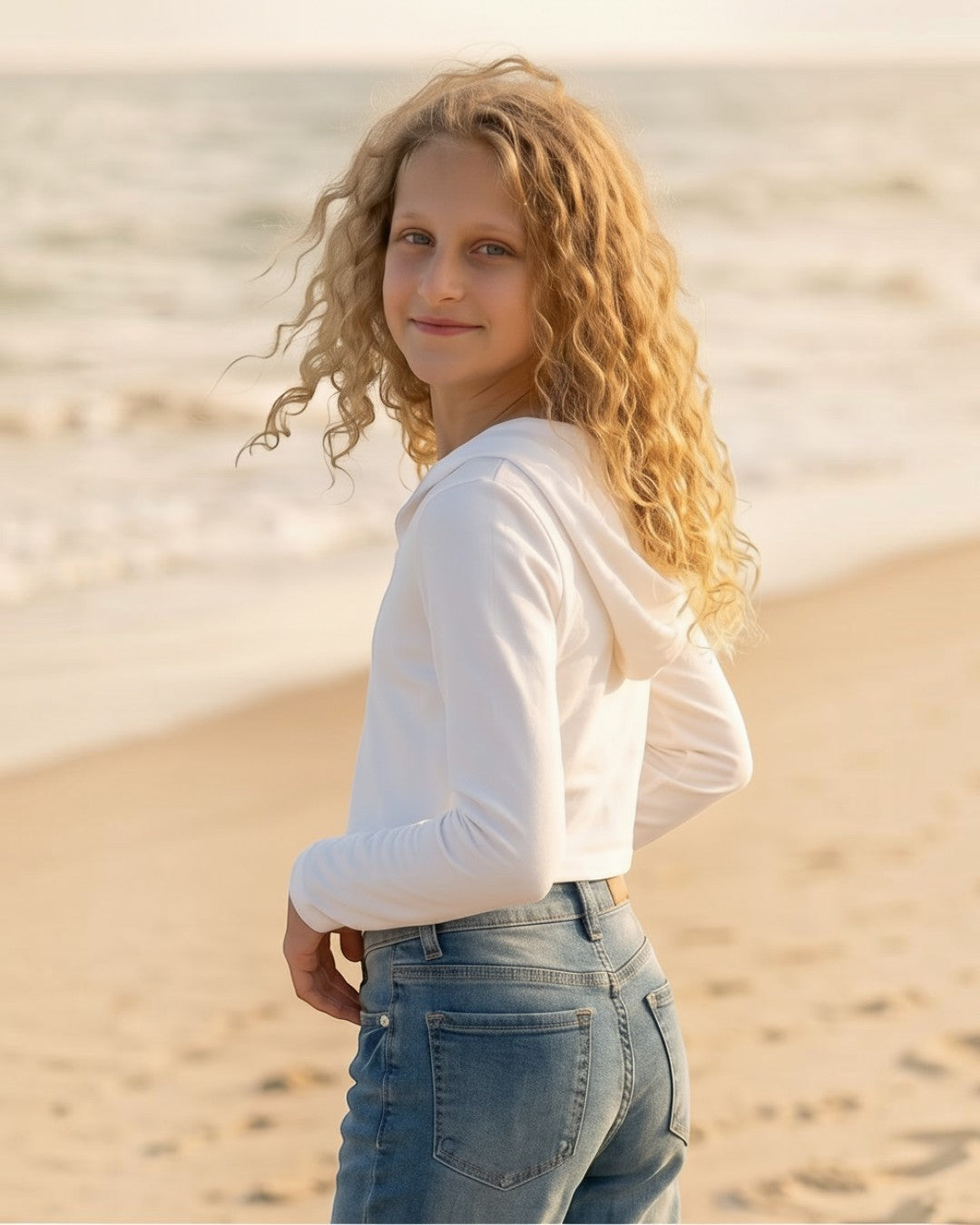 Girl with curly hair wearing a white Calla Lily Cosmetics + CL kids French Terry crop zip-up hoodie on the beach.