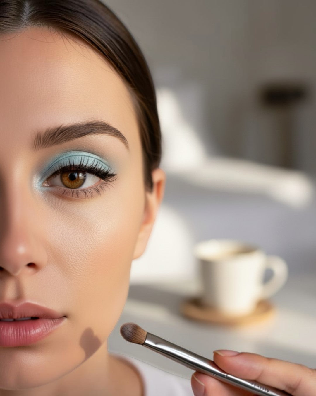 Calla Lily Cosmetics Aquamarine Matte Shadow, a pale blue-green eyeshadow applied to the eyelid.
