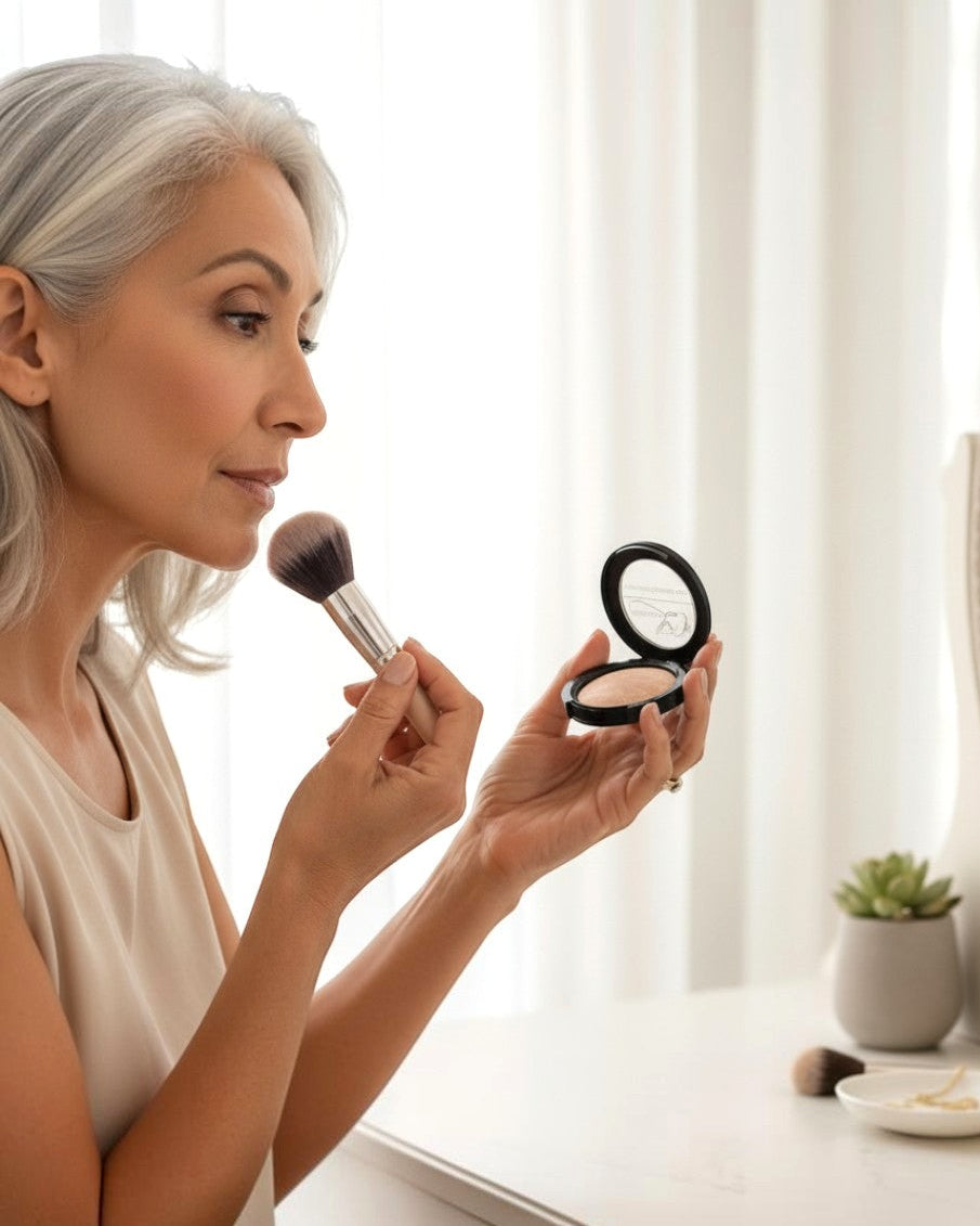 Calla Lily Cosmetics Simply Beige Baked Mineral Foundation for medium warm neutral skin tones, applied with a brush.